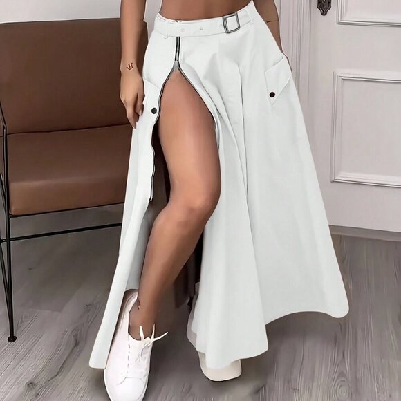 White Casual Women's Zipper Pocket A-Line Mini Skirt - Picture 2 of 3